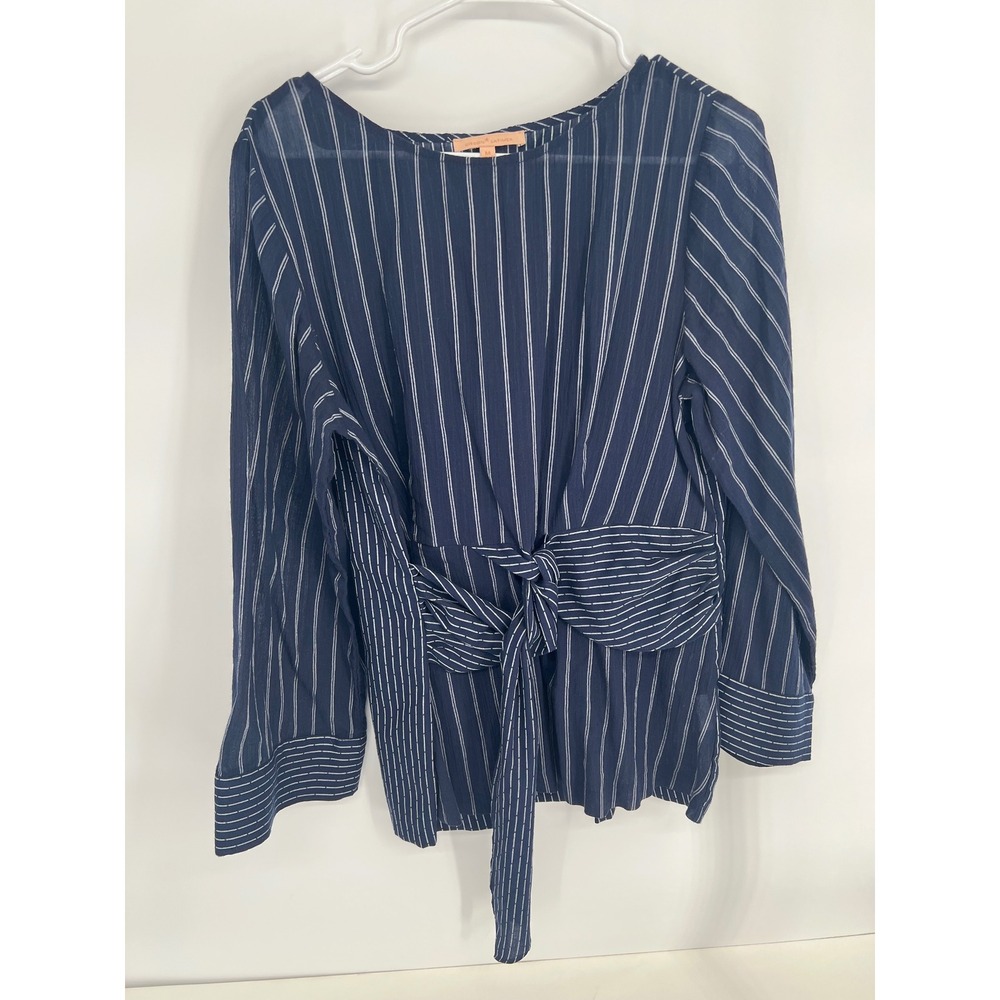 Gibson Latimer Navy Blue Pinstripe Tie Front Blouse Long Sleeve Top Womens Sz M